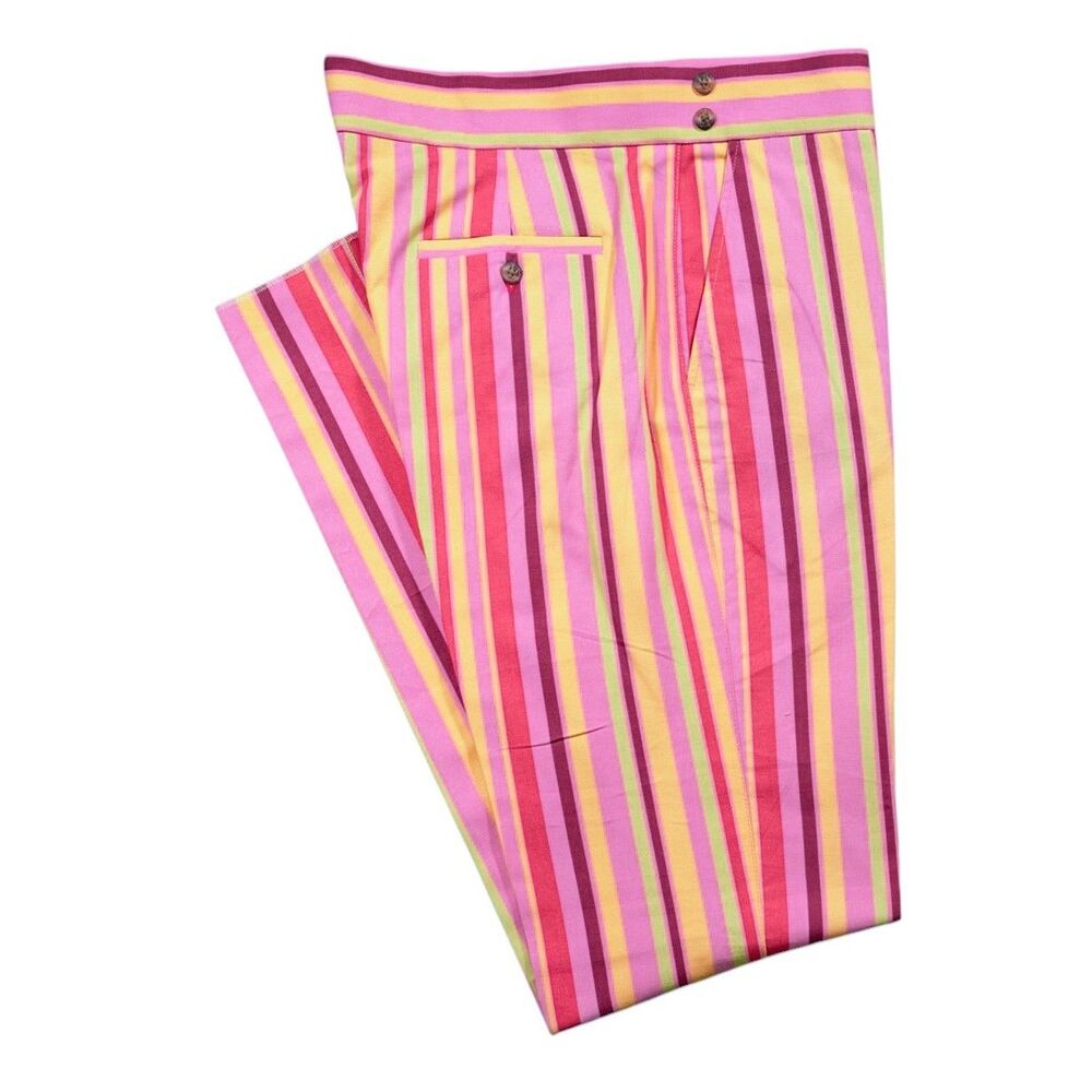 Mens 36 Pink Yellow Striped Gurkha Pants Cotton Flat Front Straight Fit Trousers